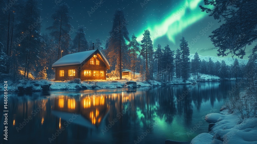 Fototapeta premium Winter cabin nestled by a frozen lake under a vibrant aurora borealis