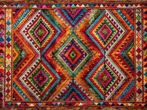 Vibrant Bohemian Herringbone Rug: Ethnic Pattern, Colorful Textile, Panoramic View