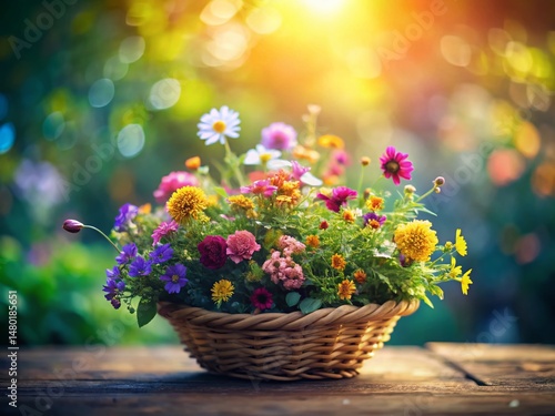 Vibrant Colorful Flower Basket, Tilt-Shift Miniature Garden Scene