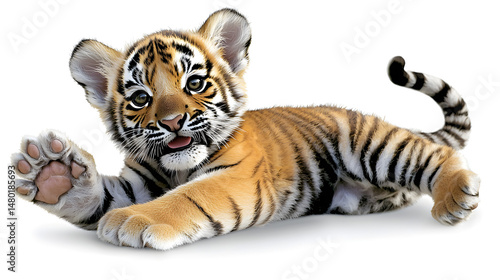 A baby tiger laying on its back with its paws up