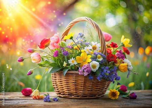 Vibrant Floral Basket, Artistic Dotted Line Texture, Spring Flowers, Garden Decor, Countryside