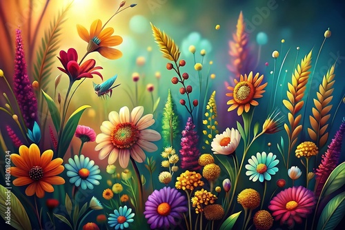 Vibrant Floral Grass Pattern Home Decor Illustration - High Resolution Stock Photo