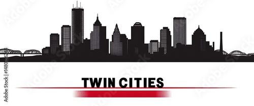 Black Silhouette of Twin Cities Skyline with Red Line on White Background