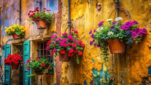 Vibrant Floral Hanging Baskets Against Textured Spray Paint Wall