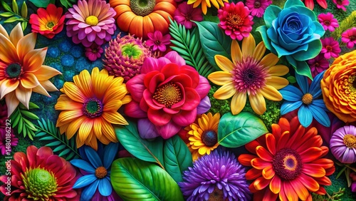 Vibrant Floral Pattern: Colorful Blooms and Lush Leaves Stock Photo