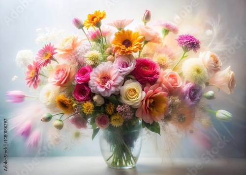 Vibrant Flower Bouquet, Delicate Blooms, Long Exposure Photography, White Background, Floral Still Life