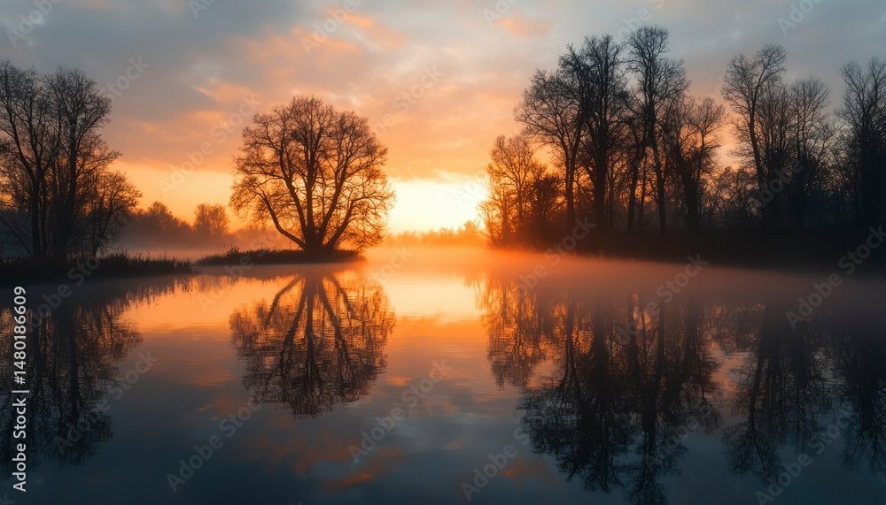 Sunrise over tranquil lake, trees Sunrise over tranquil lake, trees