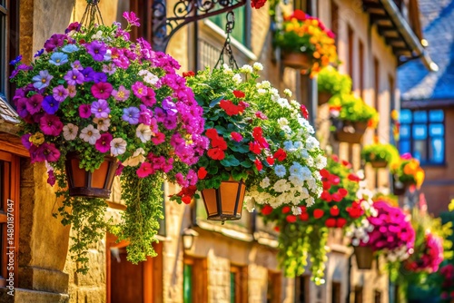 Vibrant Hanging Flower Baskets, Hand-Drawn Texture, Architectural Setting