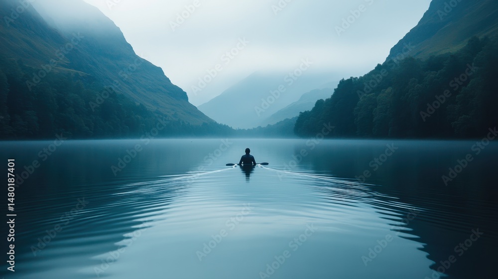 Fototapeta premium Serene Kayaker on Tranquil Lake Surrounded by Misty Mountains at Dawn in a Peaceful Natural Landscape
