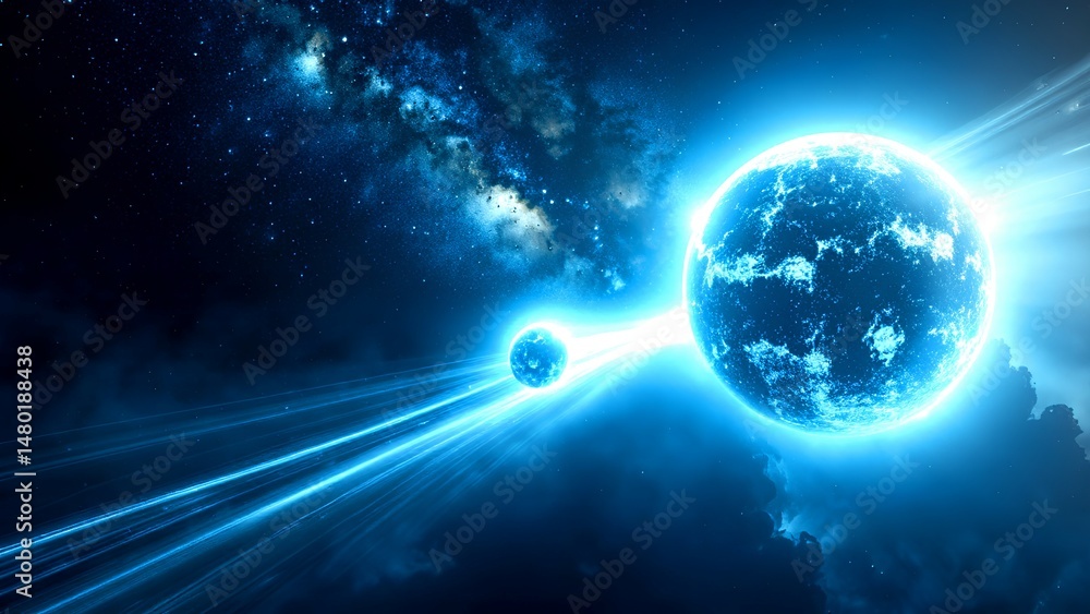 Fototapeta premium Two glowing blue planets connected by bright energy beams float in a star-filled galaxy.