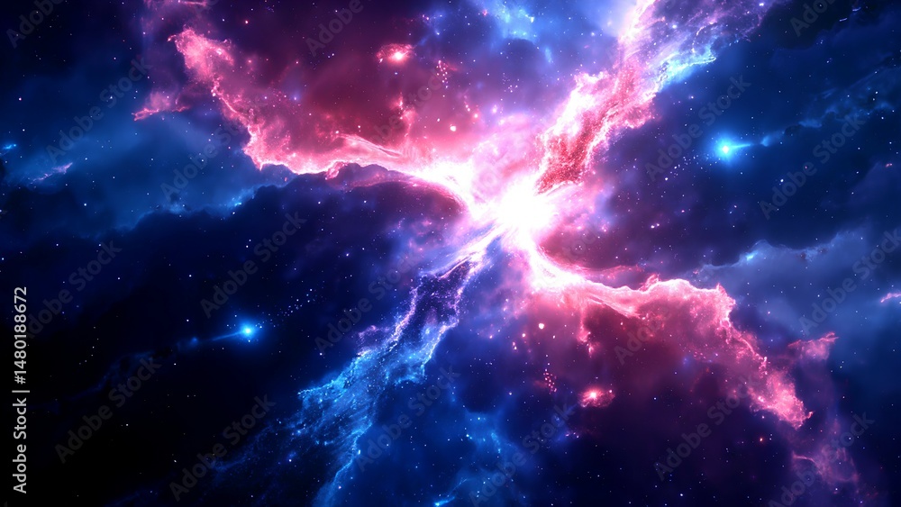 Fototapeta premium A vibrant nebula glows in deep space, displaying vivid pink and blue cosmic clouds against a dark starry background.
