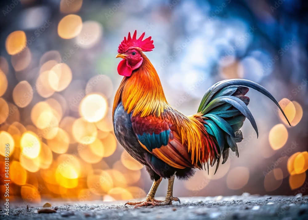 Fototapeta premium Vibrant Rooster, Colorful Feathers, White Background Stock Photo