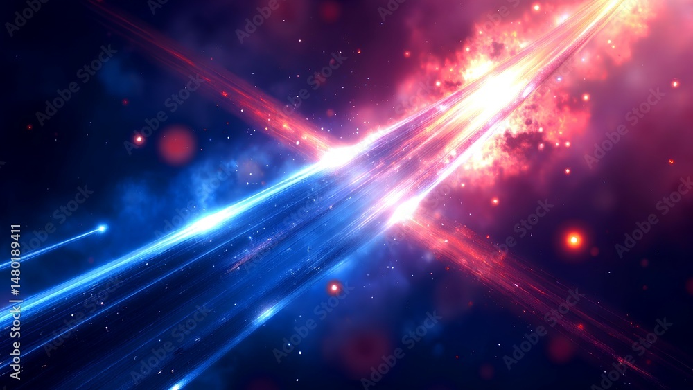 Fototapeta premium Abstract cosmic energy beams intersect in a vibrant, colorful space scene filled with glowing particles and dynamic light effects.