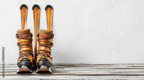 Classic wooden and leather ski boots for winter sports and mountain adventures on rustic wood surface