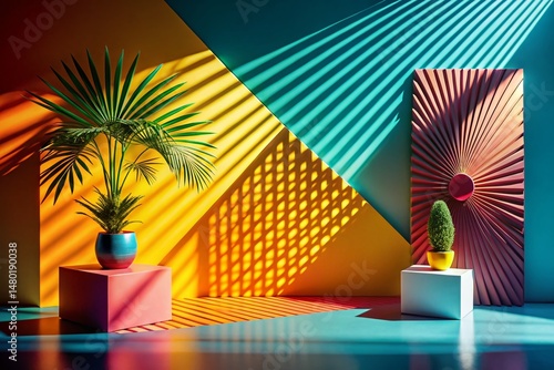 Vibrant Summer Geometric Silhouette Abstract Background with Light