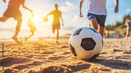 Beach soccer game with friends and family enjoying summer vacation on the sand at sunset activity fun