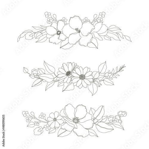 Hand drawn floral compositions in line art style. Elegant frame of flowers, stems and leaves. Trendy botanical elements. Vector illustration for logo or tattoo, save the date card, wedding invitation