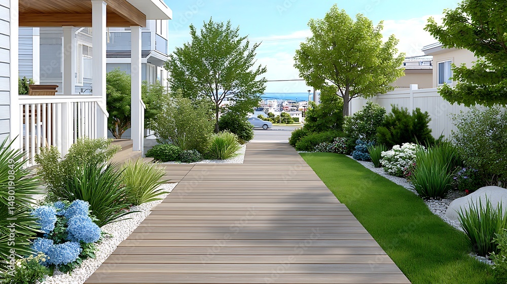 Obraz premium Elegant Watercolor Illustration of a Deck Extending into a Lush Garden Pathway