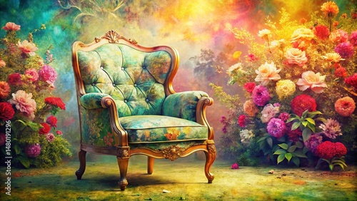 Vintage Armchair Drawing Double Exposure Floral Background Stock Photo