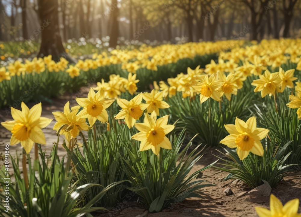 Fototapeta premium Golden daffodil blooms, a sea of yellow in sunlight , background, photography