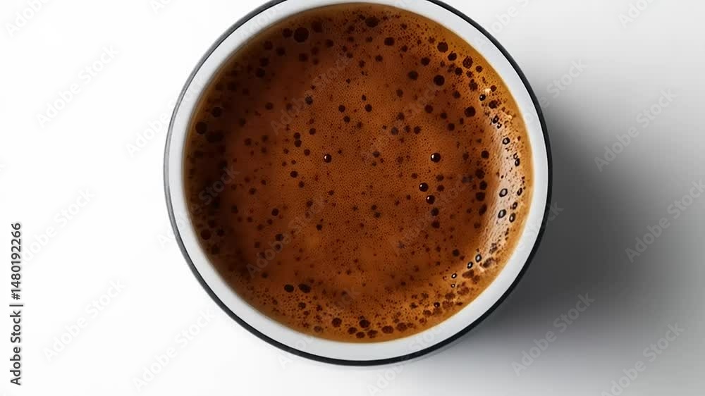 Aerial Close-Up of Vibrant Coffee Cup on Pristine White Surface Revealing Aromatic Delight Aerial Close-Up of Vibrant Coffee Cup on Pristine White Surface Revealing Aromatic Delight