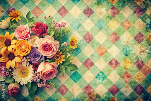 Vintage Checkered Floral Background - Retro Style Pattern Texture