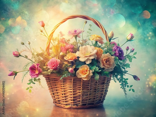 Vintage Floral Plant Basket Double Exposure Illustration Stock Photo