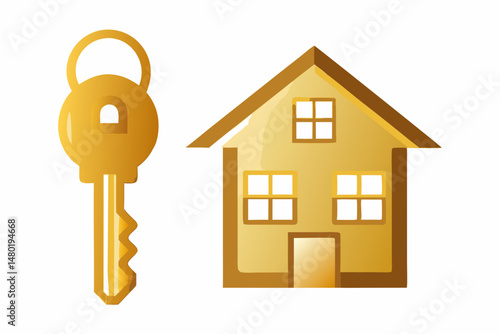 Golden House Key and Home Icon Real Estate Concept