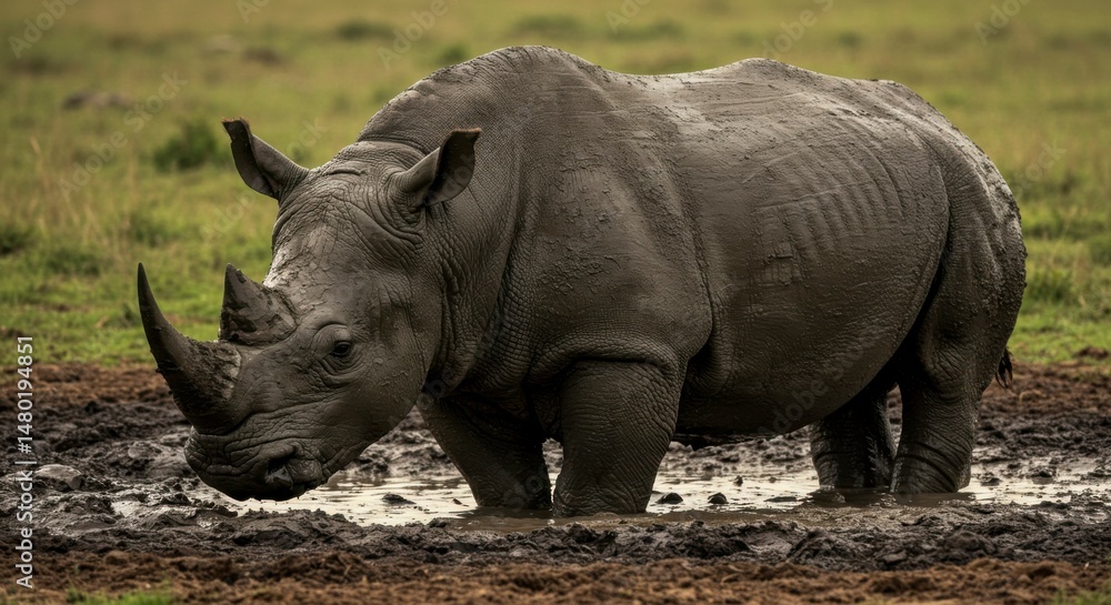 Fototapeta premium A rhinoceros in a mud puddle