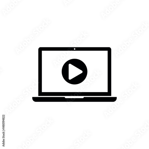 Vector silhouette of laptop playing video on white background