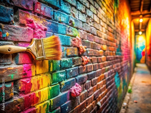 Vintage Graffiti Brick Wall Texture: Grunge Paintbrush Strokes Background