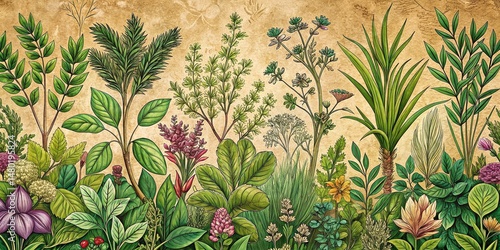 Vintage Herb Garden Pattern: Detailed Hand-Drawn Panoramic Botanical Illustration for Design Projects