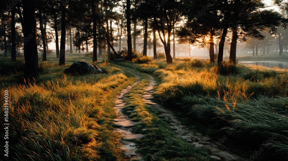 Fototapeta premium Forest path sunlight scene