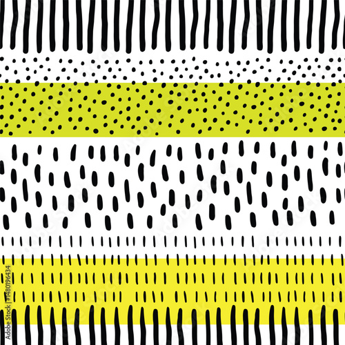 Vector seamless pattern with hand drawn black glitter textured brush strokes and green stripes hand painted