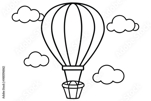 A outlined hot air balloon travels quietly among fluffy cartoon clouds in sky