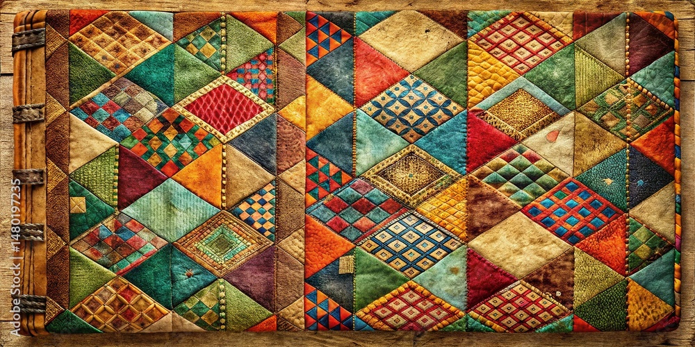 Fototapeta premium Vintage Notebook Cover with Geometric Patchwork Design - Abstract Texture Background