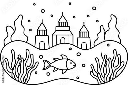 A stylized fish swims before a black and white castle hidden behind flowing seaweed