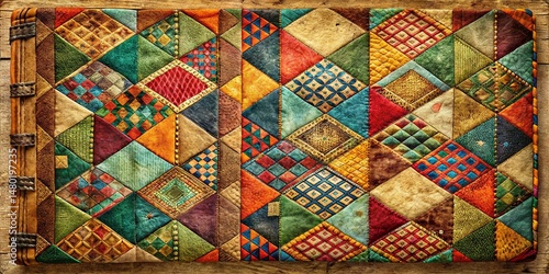 Vintage Notebook Cover with Geometric Patchwork Design - Abstract Texture Background