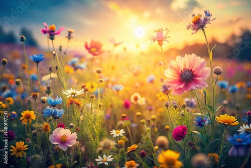 Vintage Organic Floral Pattern Background: Rustic Spring Meadow Landscape