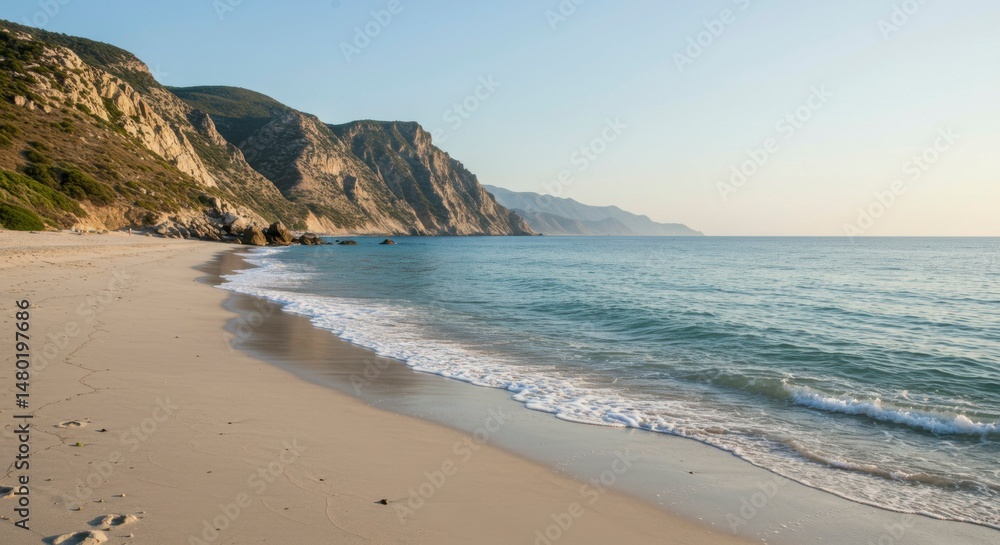 Tranquil beach scene, gentle waves Tranquil beach scene, gentle waves