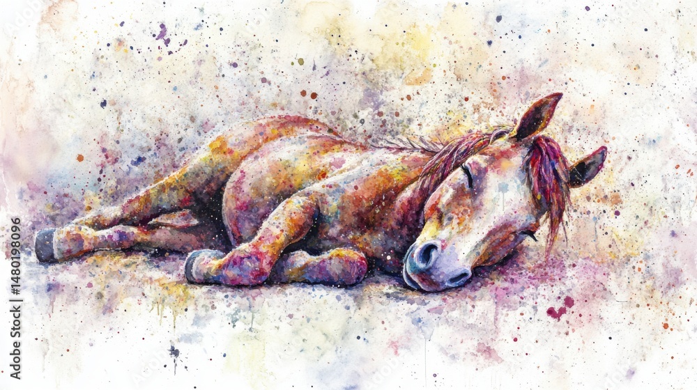 Fototapeta premium Watercolor Illustration of Sleeping Horse on Ground; Relaxing Equine Art with Colorful Splatters and Dreamy Vibe; Artistic Animal Portrait