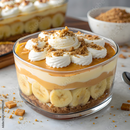 : Layers of banana slices and caramel pudding in a clear dessert dish, topped with whipped cream and a sprinkle of crushed graham crackers.

