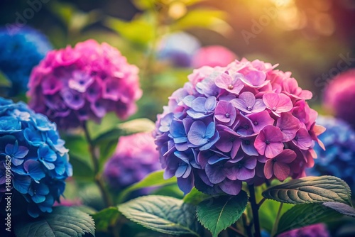 Vintage Soft Focus Hydrangea Blooms: Pink, Purple & Blue Macrophylla Flowers