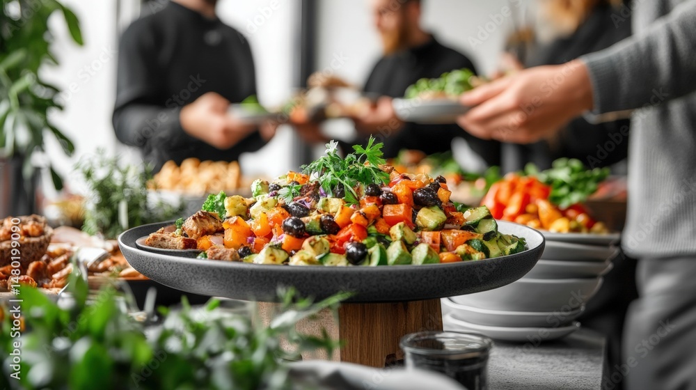 Obraz premium Gourmet buffet with colorful fresh vegetable and fruit salads served at a modern food event