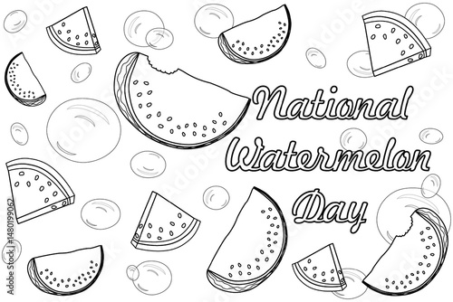 Coloring page with summer outline drawing of juicy watermelon slices and water bubbles. Bite mark. National Watermelon Day. For entertaining, summertime dessert, celebration black and white banner.