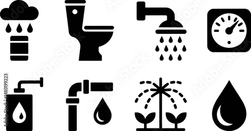 Black and white icons depicting water usage and conservation related elements