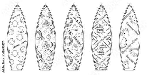 Coloring with summer outline of surfboard set with tropical fruit watermelons, sun and beach balls, and surfs on ocean waves. For entertaining, beach, summertime, activity, sports, and outdoor design.