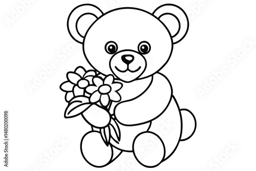 Black and white outline drawing showing cute teddy bear holding flowers with transparent background