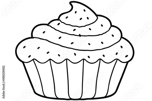 Black and white outline showcases a cupcake with frosting and sprinkles on a transparent backdrop