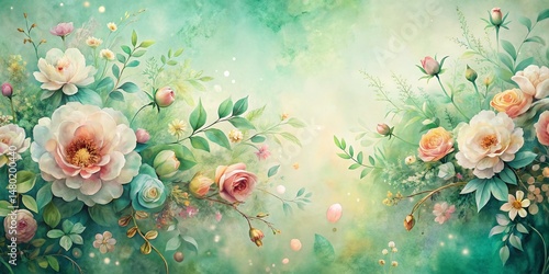 Vintage Watercolor Floral Texture: Soft Green Panoramic Background for Design